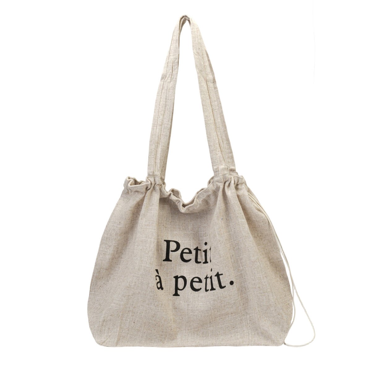 Oversized linnen trekkoord‑shopper “Petit à petit.”
